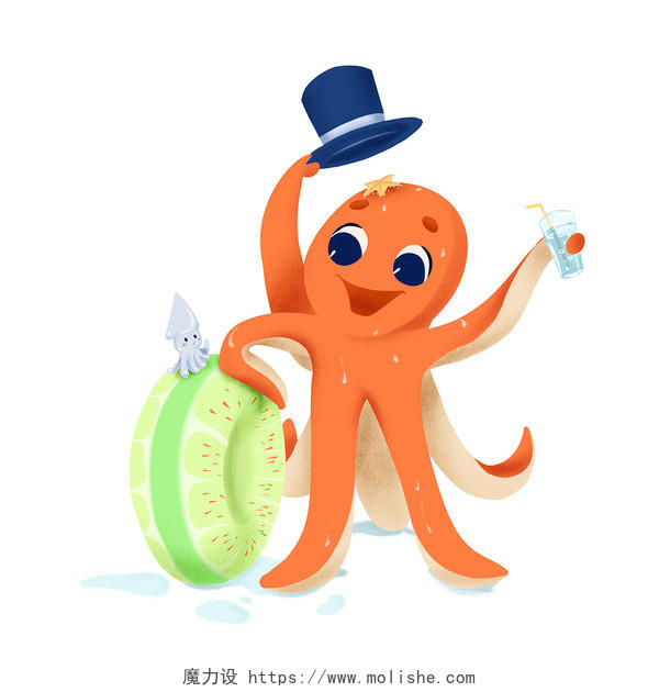 戴礼帽拿冷饮的章鱼动物拟人元素PNG素材夏天夏日夏季